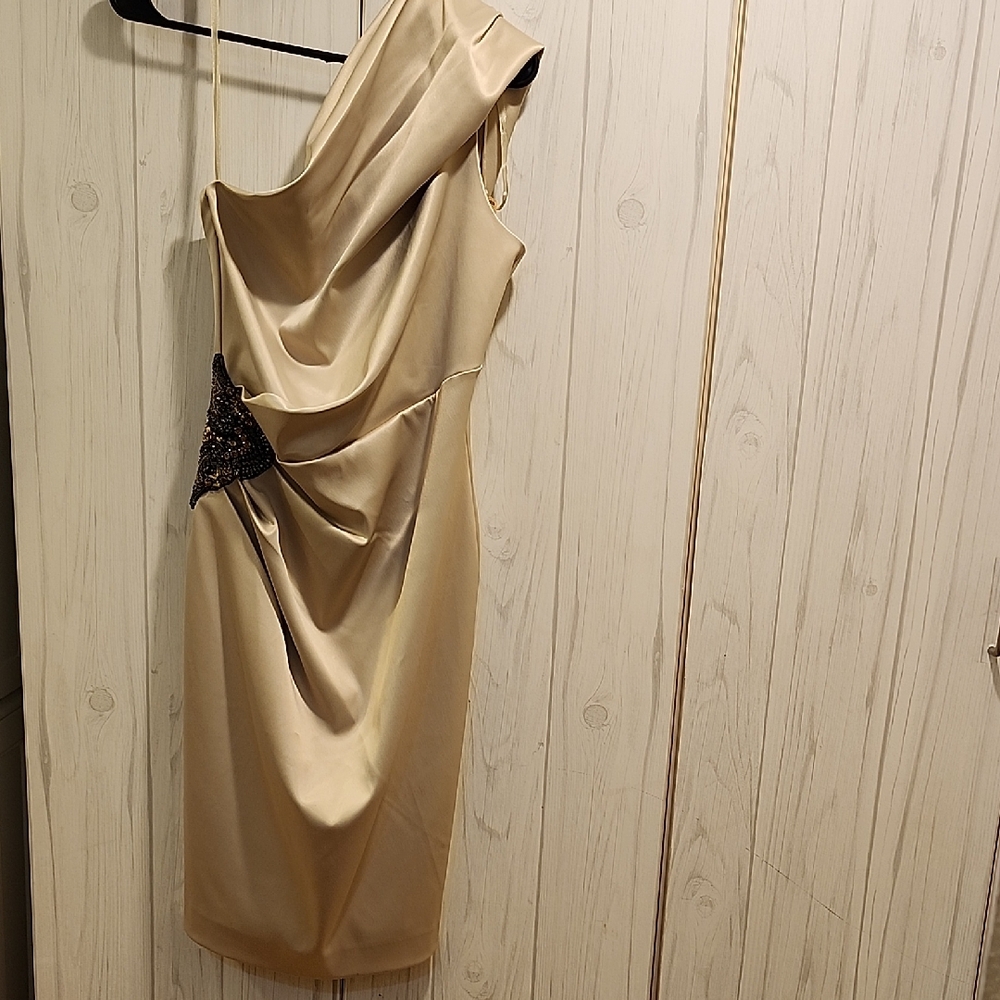 Eliza J One Shoulder Cream Dress with Black Accents